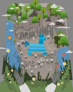 Plakatas muzikiniam festivaliui "karakumai" nupieštas iliustraciniu būdu